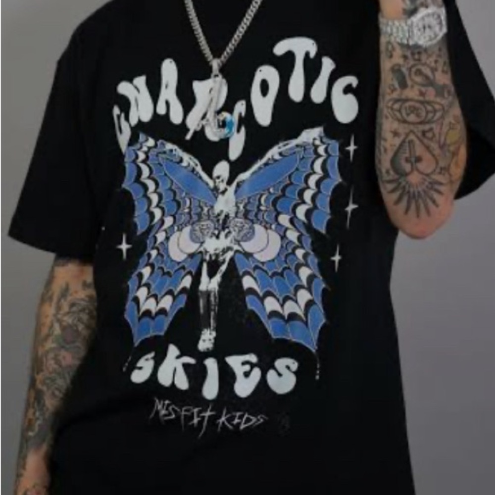Black Graphic Tee with Blue Butterfly Design